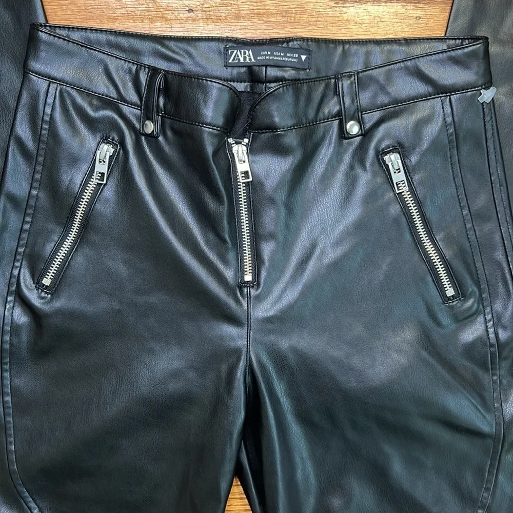 Zara Black Grunge Leather Low Rise Wide Leg Biker Pants CC - Picture 2 of 5